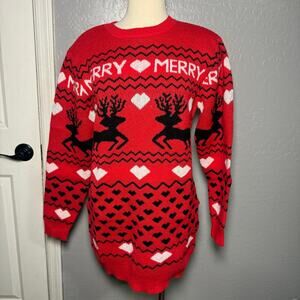 Merry Christmas Sweater Dress Womens Medium Red Reindeer Hearts Fair Isle